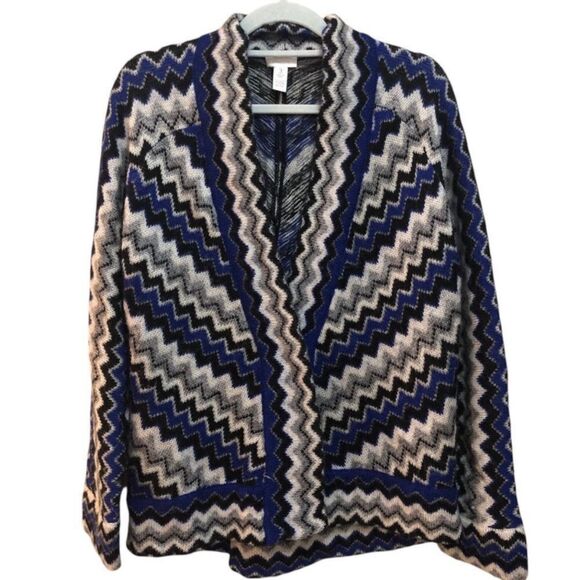 Chicos Jacket Womens XXL Blue Black Zig Zag Knit Open Front Wool Blend Sweater - Picture 1 of 5